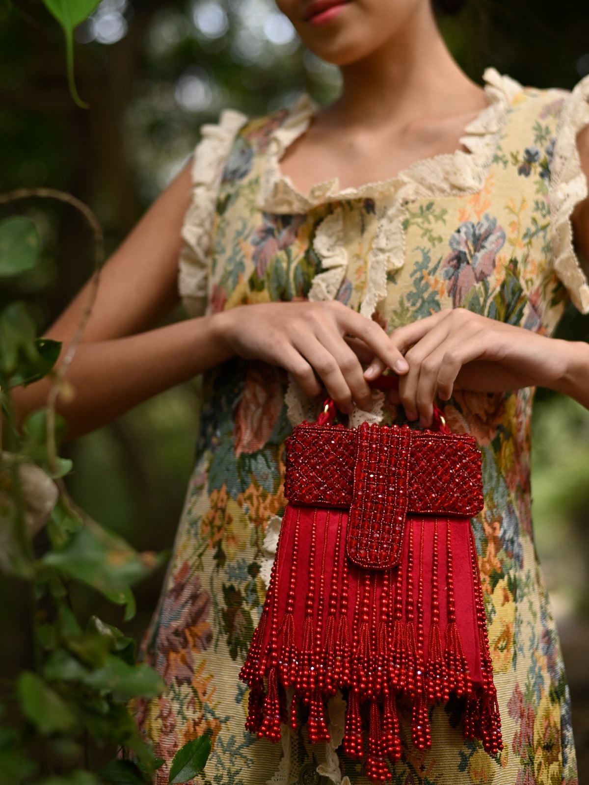 Red Beaded Clutch Bag With Tassels