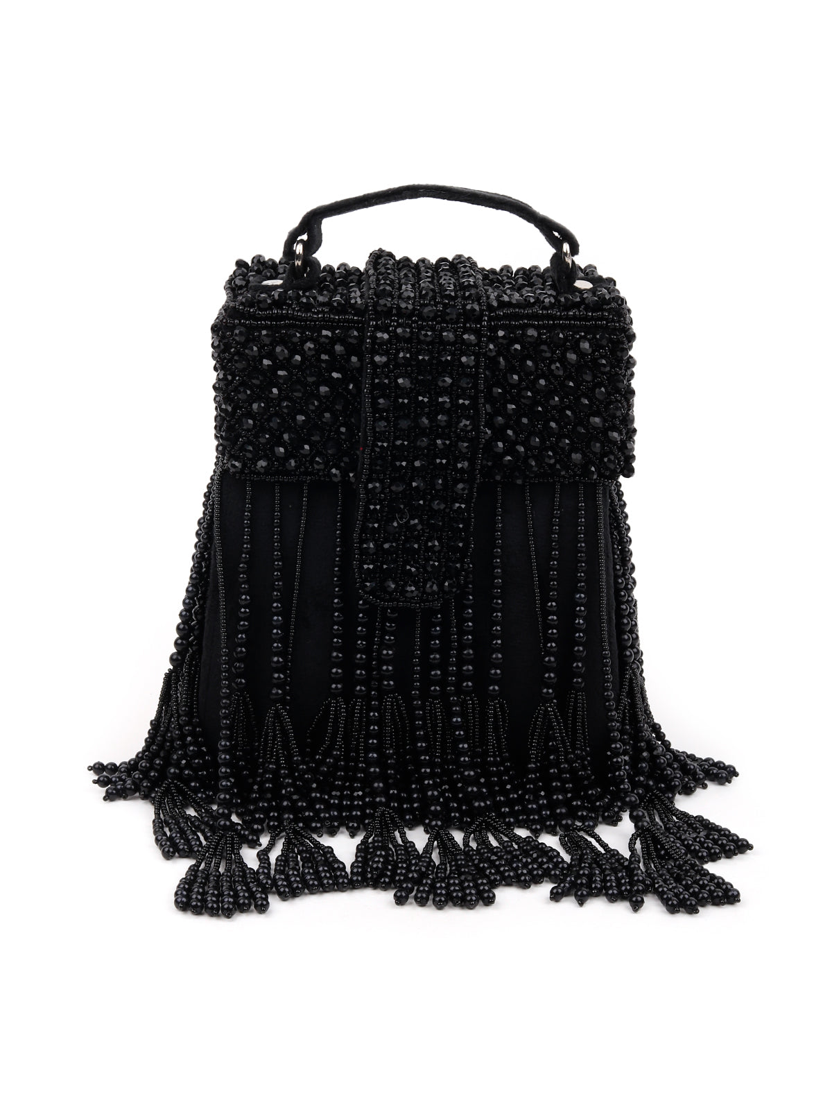 Odette Women Black Beaded Sling Bag With Tassels