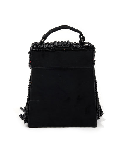 Odette Women Black Beaded Sling Bag With Tassels