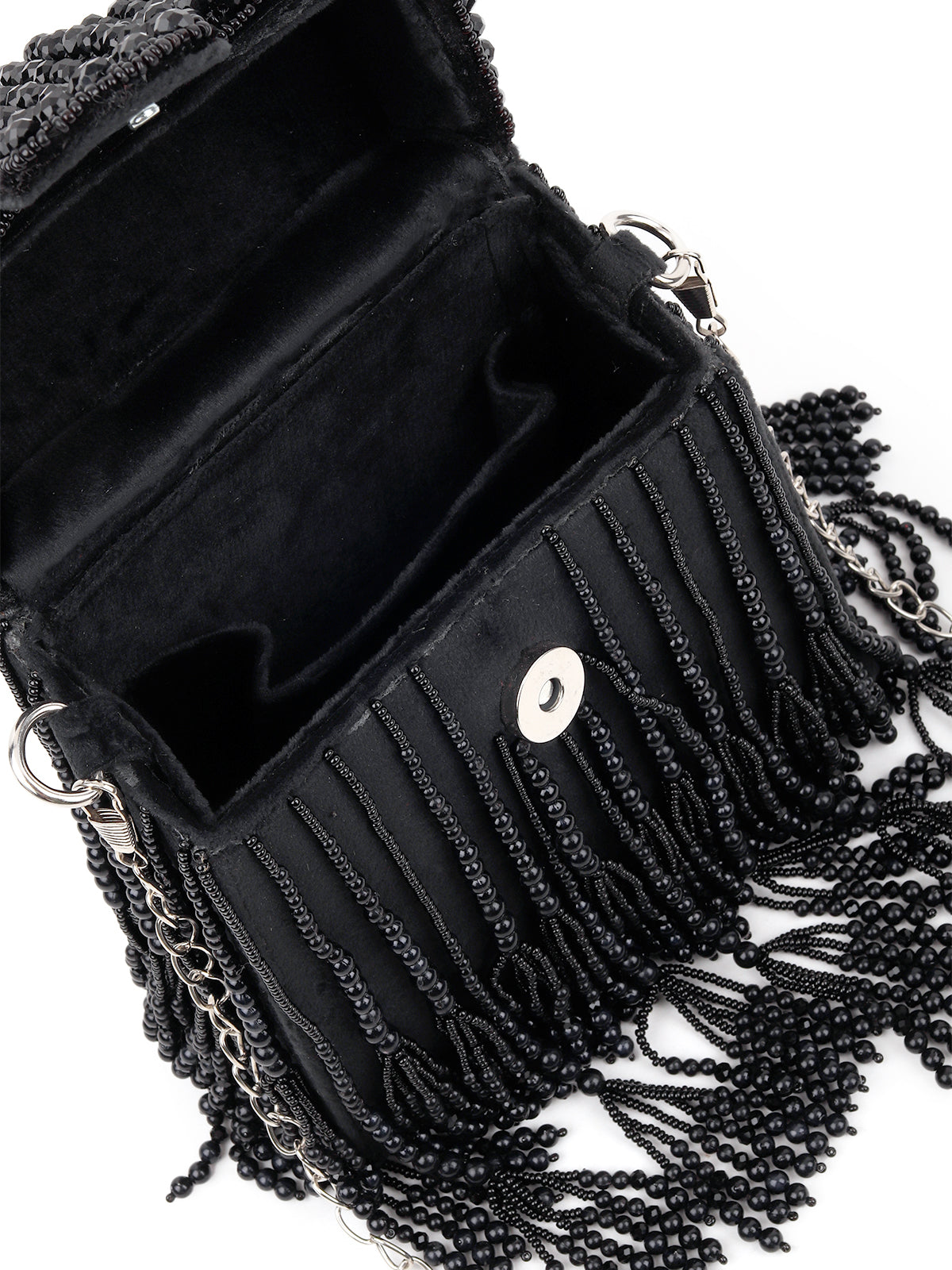 Odette Women Black Beaded Sling Bag With Tassels