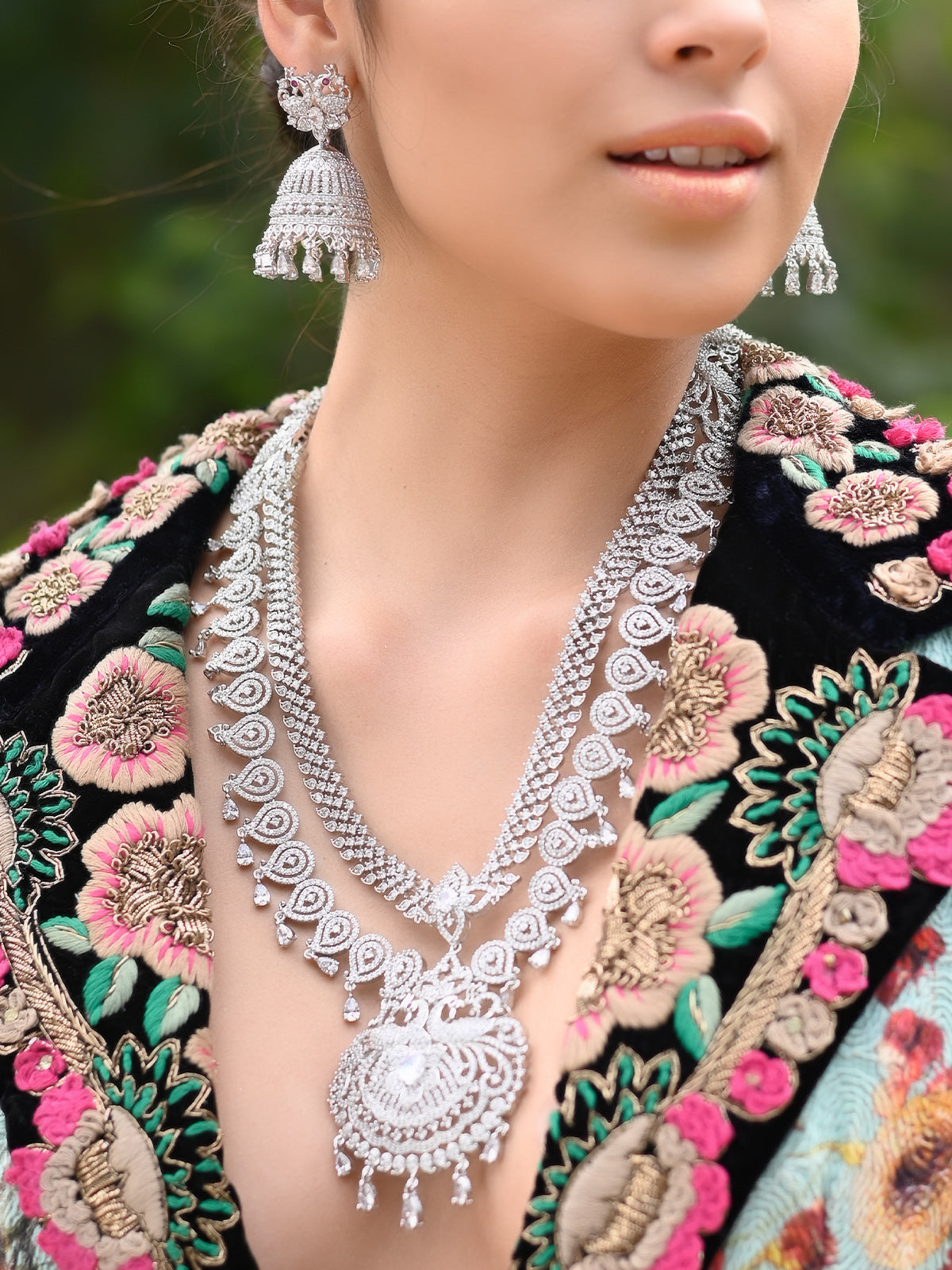 Odette Women White Stone Studded Long Necklace Set