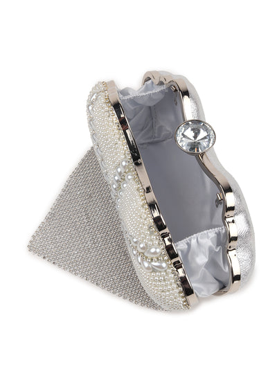 Odette Women Silver Color Bridal Embellished Clutch