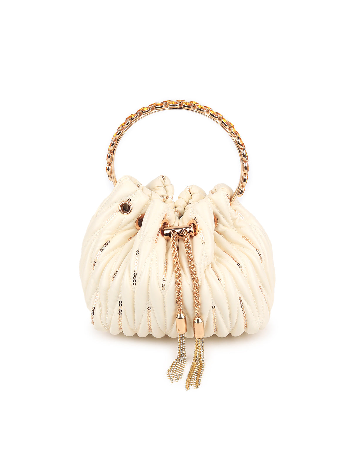 Odette Women White Sequins Embroidered Hand Bag