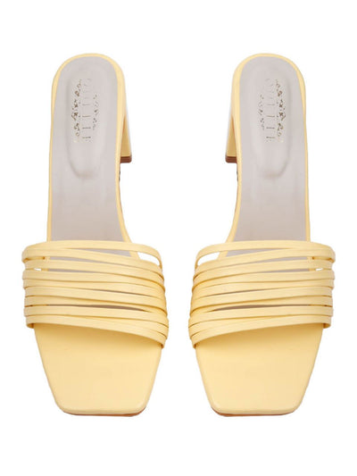 Odette Women Solid Yellow Square Toe Kitten Heel Sandals
