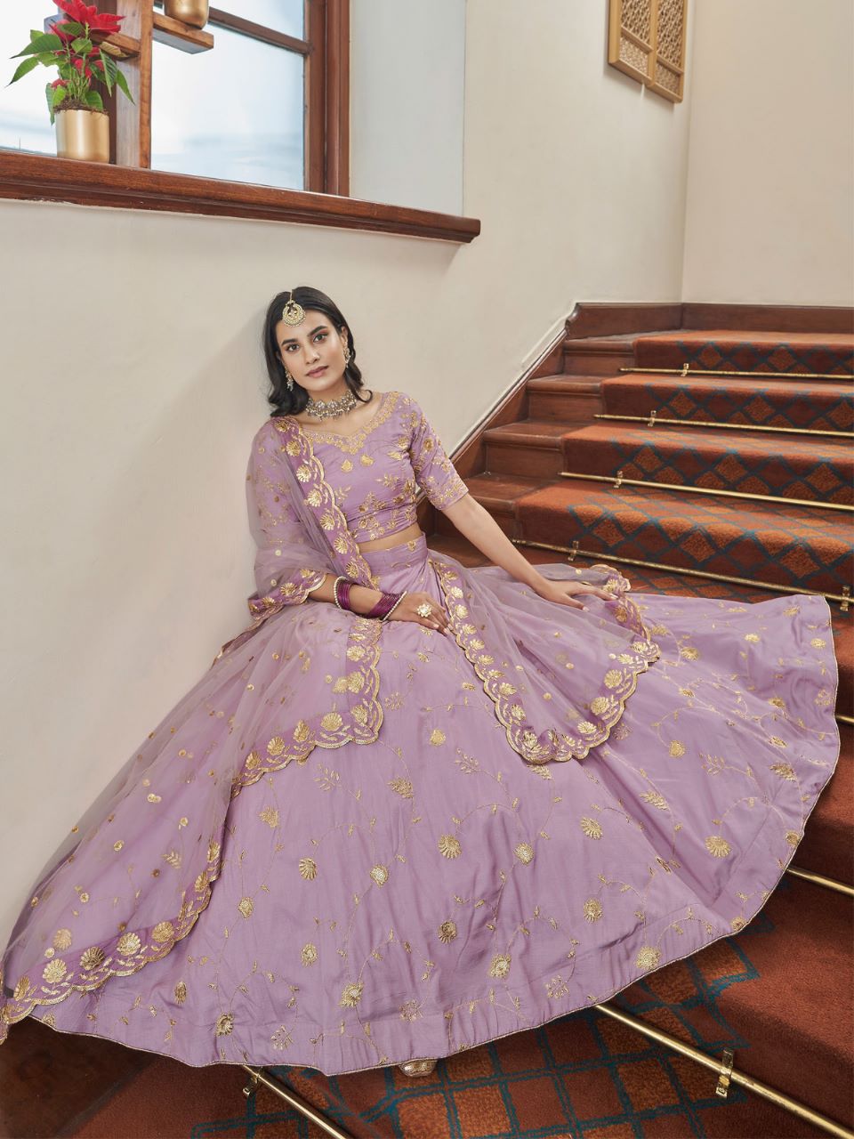 Lilac Flared Embroidered Semi Stitched Lehenga With  Unstitched Blouse