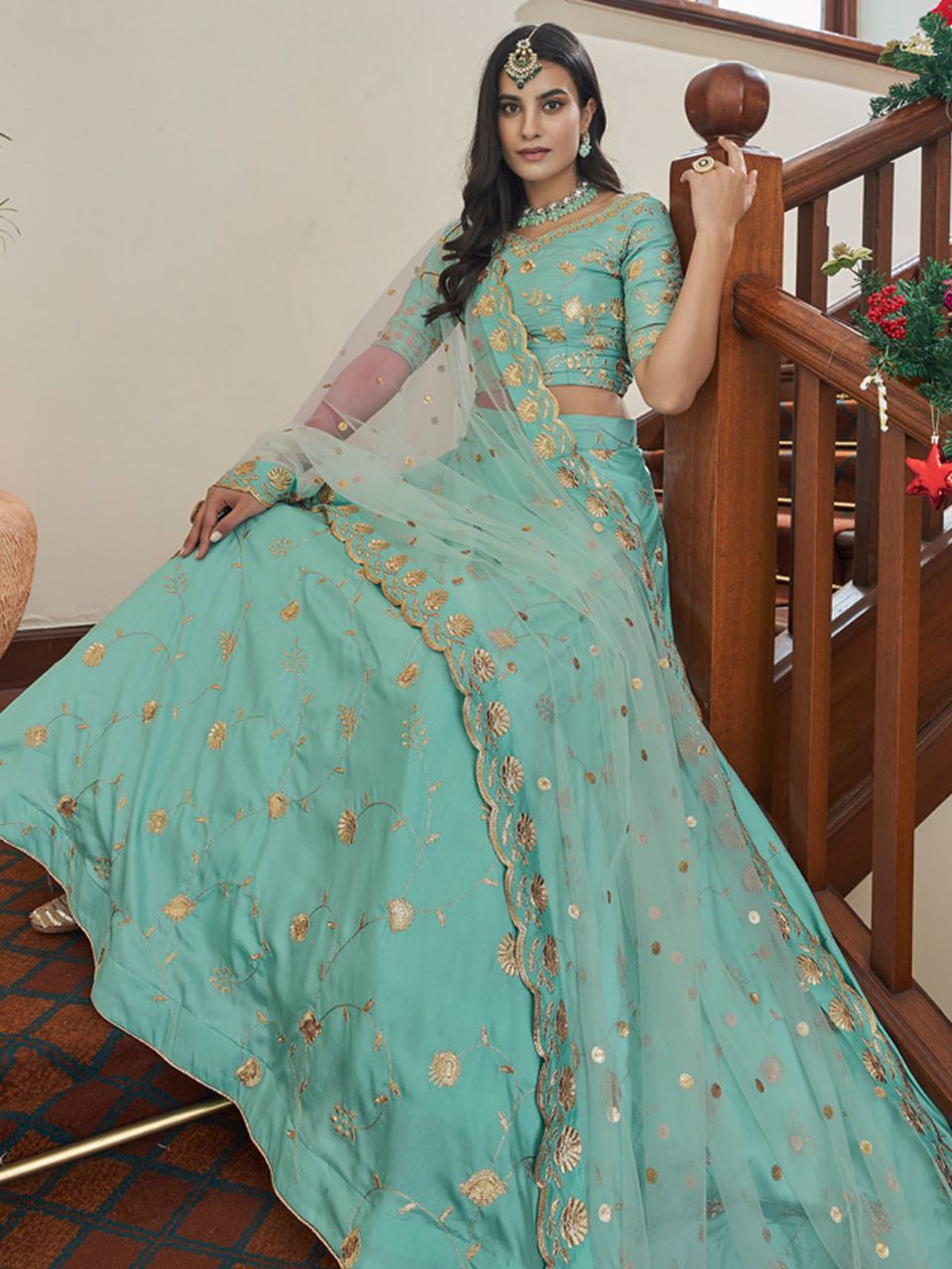 Sea Green Flared Embroidered Semi Stitched Lehenga With  Unstitched Blouse
