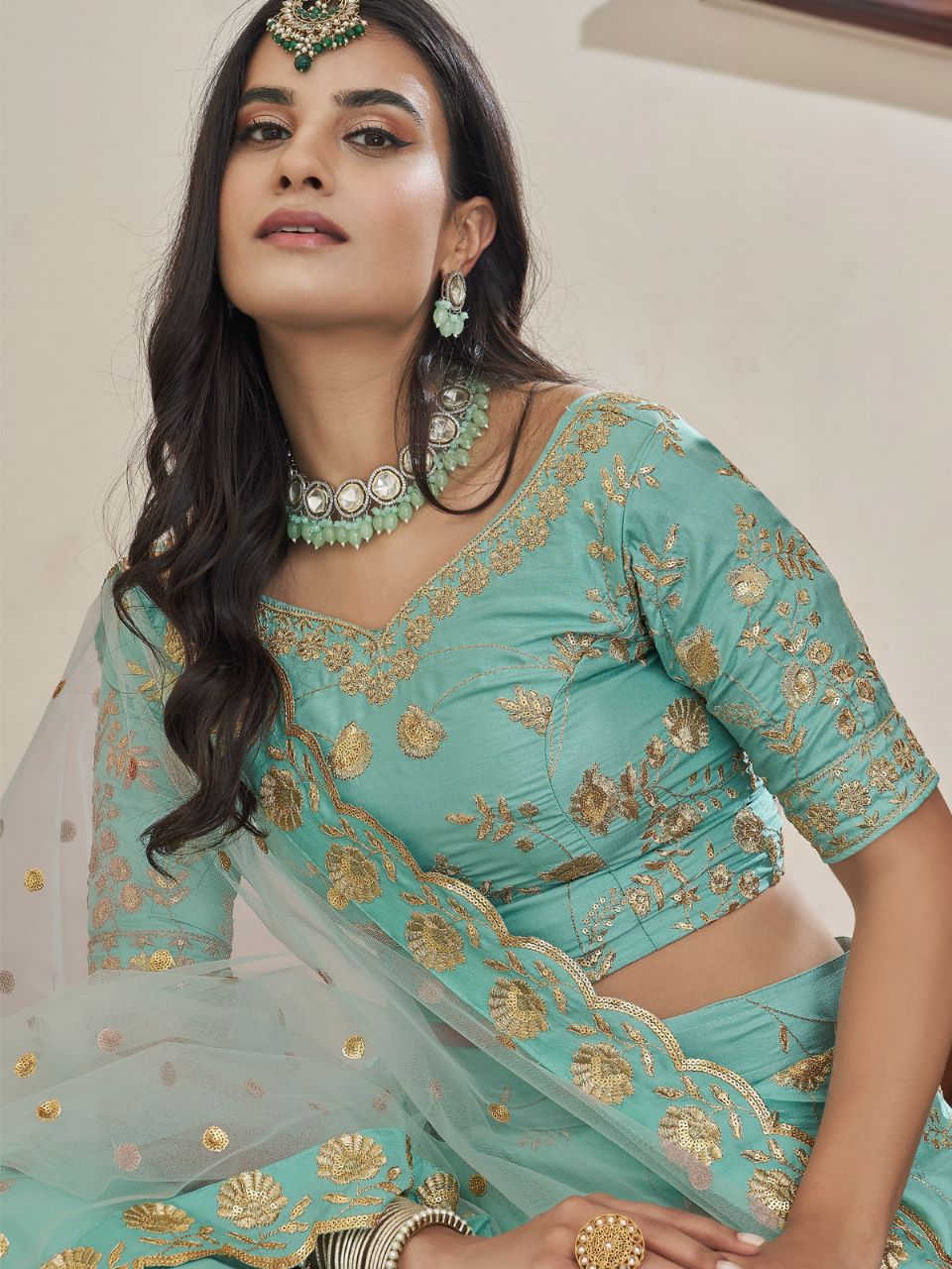 Sea Green Flared Embroidered Semi Stitched Lehenga With  Unstitched Blouse