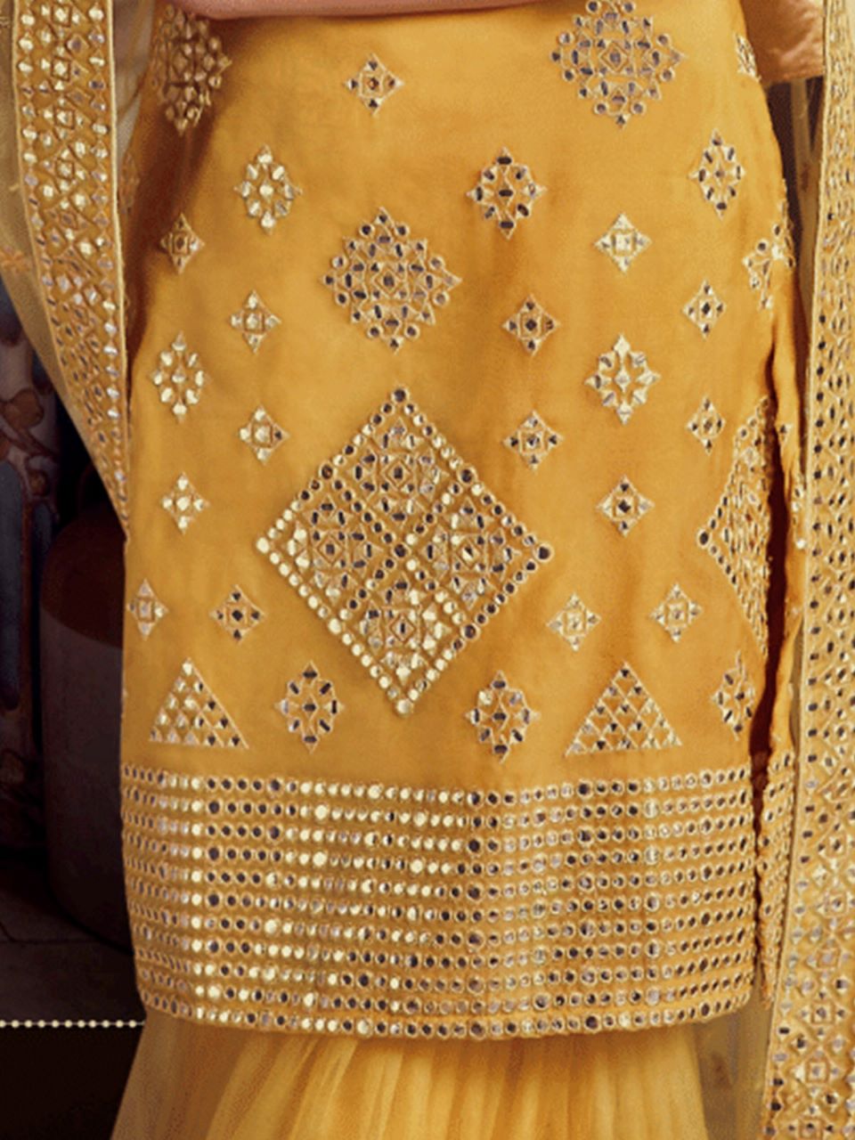 Yellow Elegant Organza Semi Stitched Kurta Set