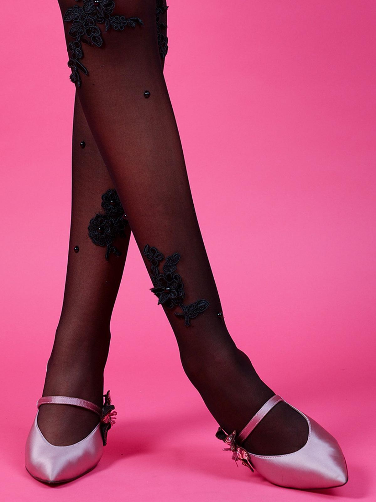 Alluring black floral stockings for women - Odette
