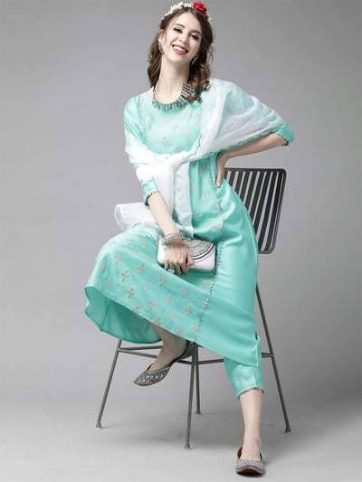 Aqua Embroidered A-line Kurta Trouser With Dupatta Set - Odette