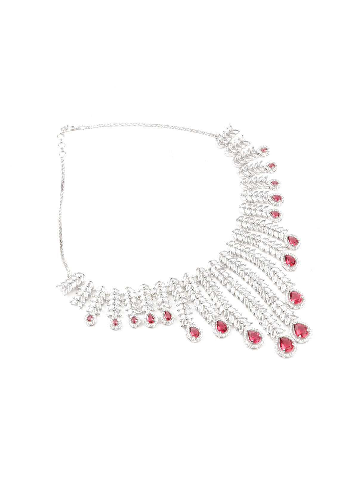 Odette Women Silver And Pink Choker Necklace And Drop Earring Set