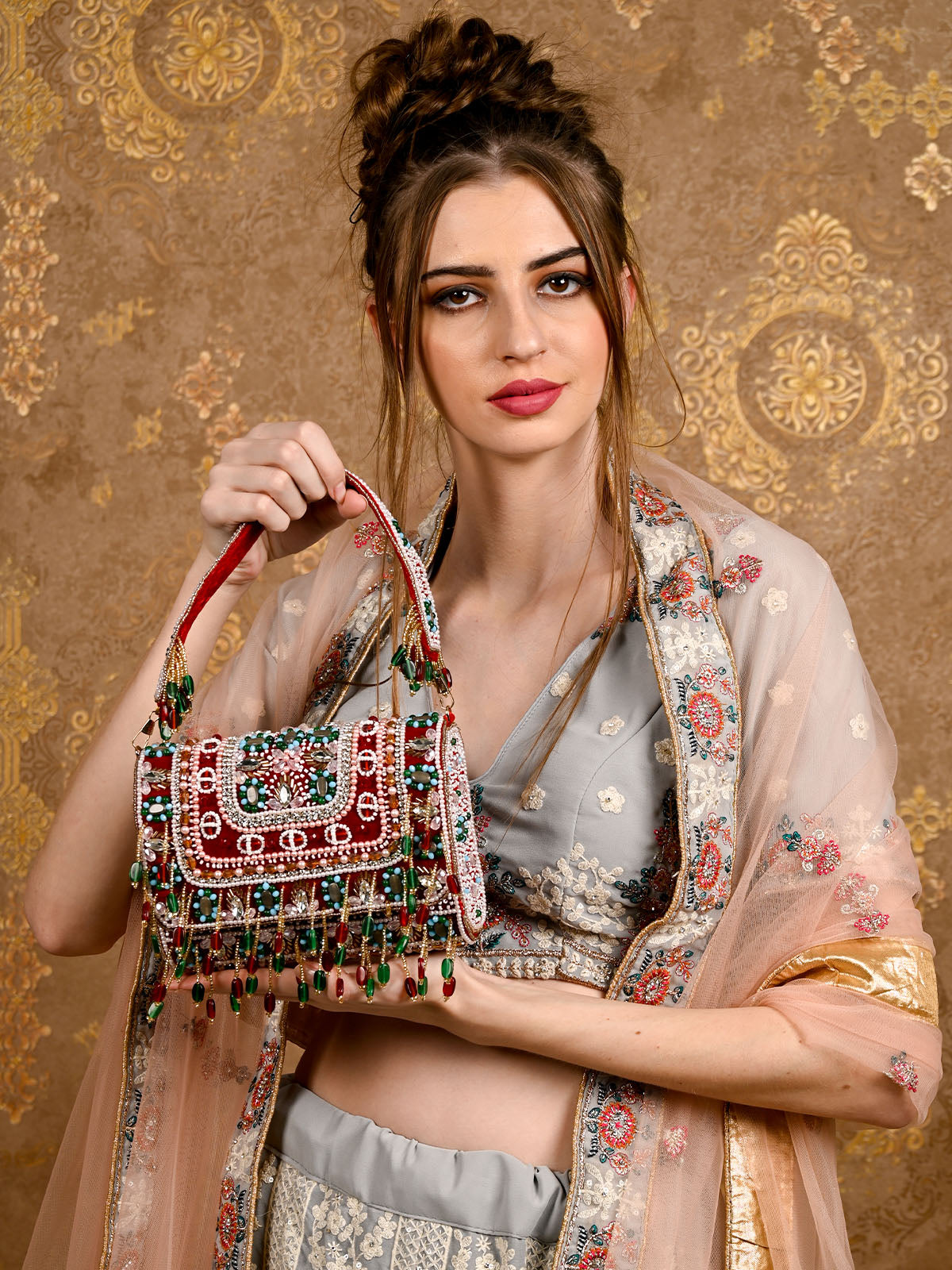 Buy White Color Designer Clutch Bag with Zari Embroidery At IndyVogue