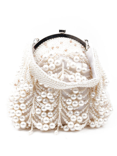 Odette Women White Pearl Studded Bridal Clutch Bag