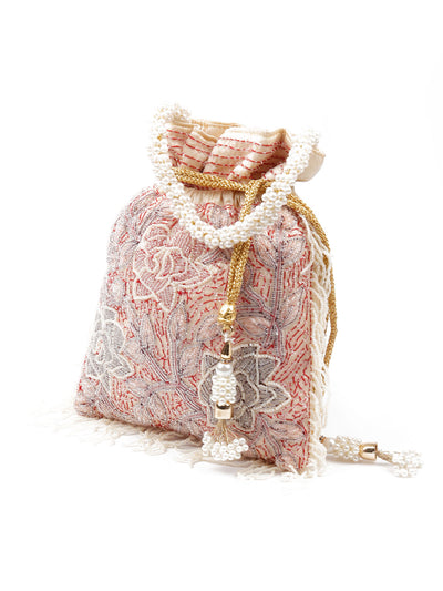 Odette Women Apricot Cutdana Embellished Potli Bag