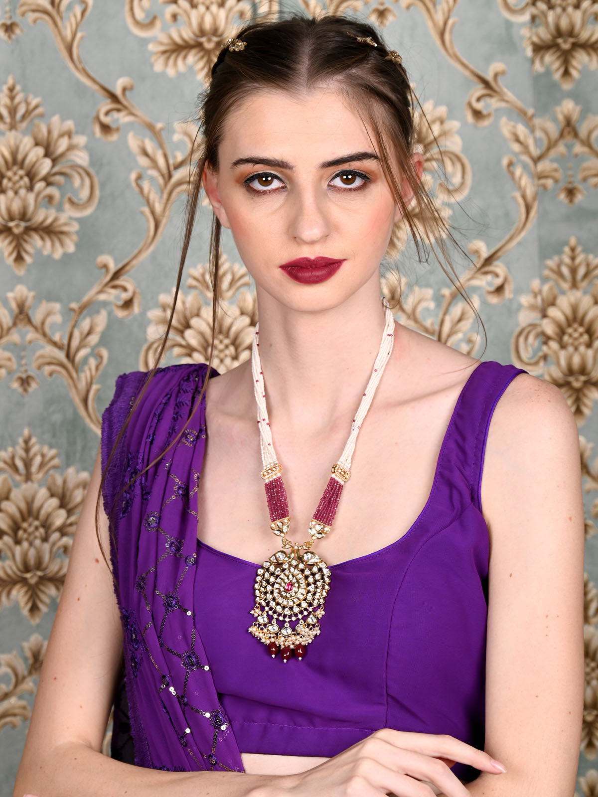 Odette Women Purple Beaded Long Necklace And Chandbali Set