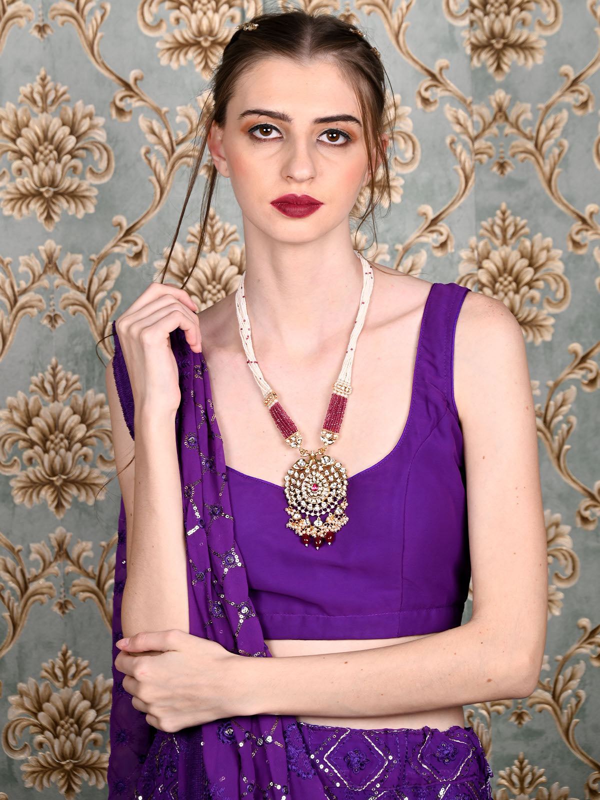 Odette Women Purple Beaded Long Necklace And Chandbali Set