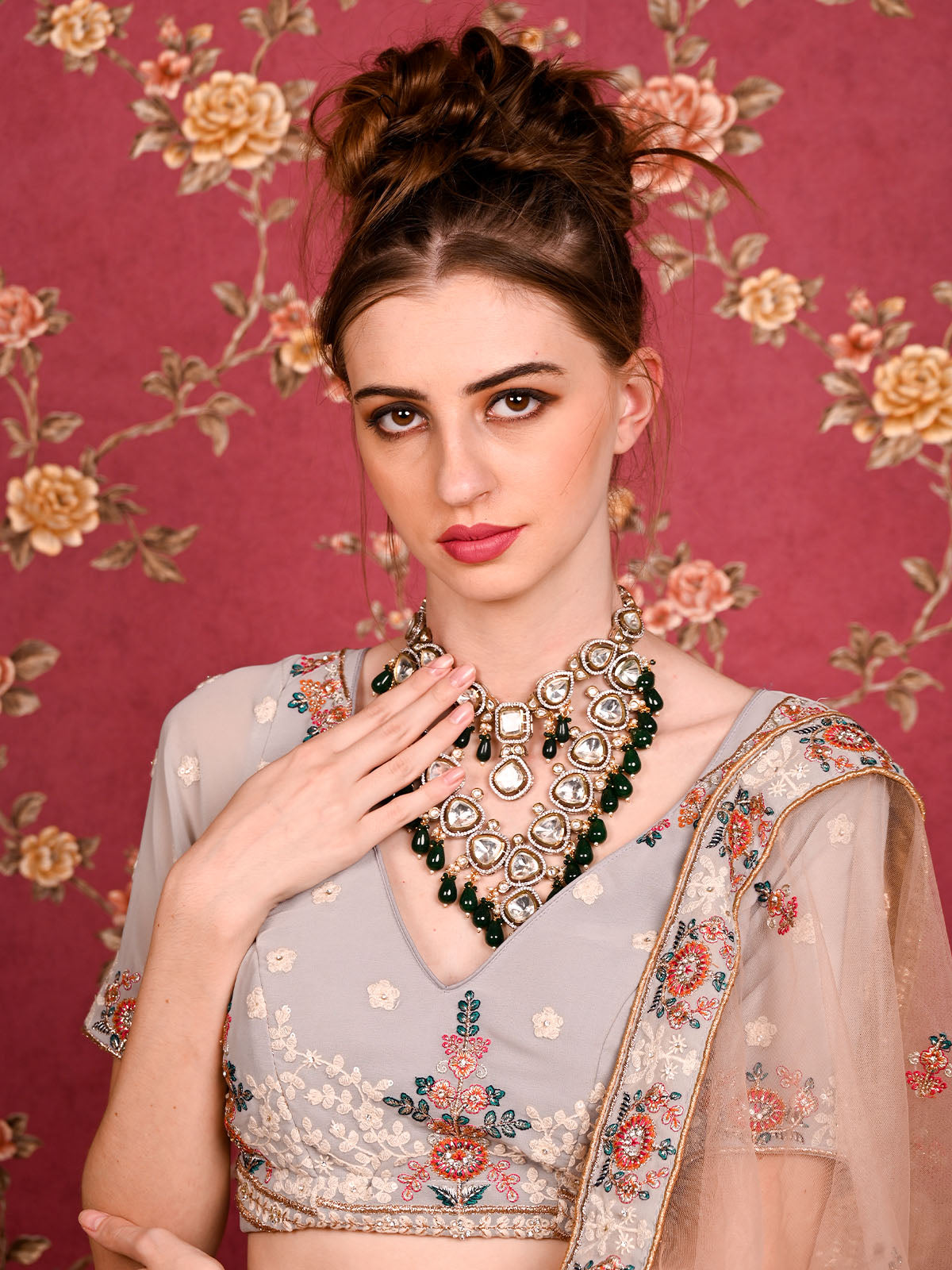 Odette Women Double Layered Bridal Long Necklace Set