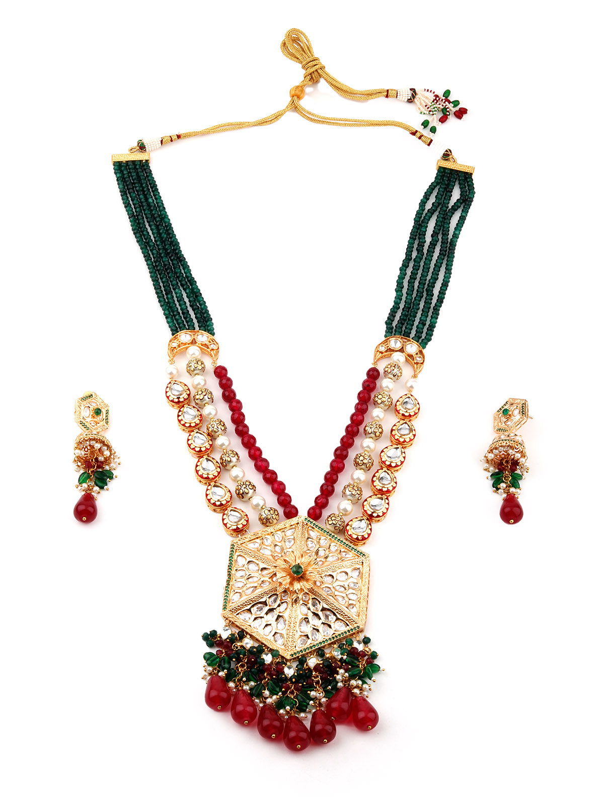 Odette Women Antique Style Bridal Green And Red Long Necklace Set