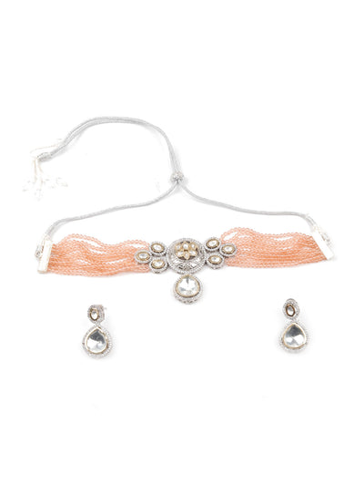 Odette Women Silver And Peach Choker Necklace And Drop Earring Set