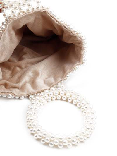 Odette Women White Pearl Woven Solid Clutch Bag