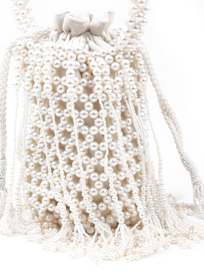 Odette Women White Pearl Embellished Potli Bag