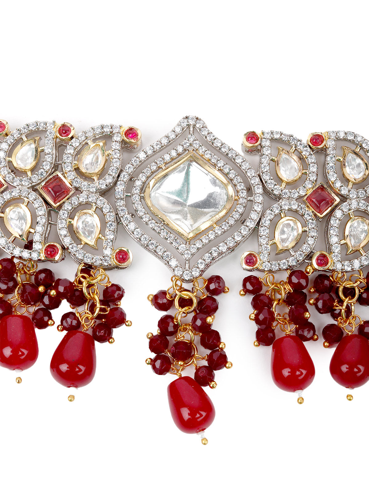 Odette Women Faux Maroon And White Stones Studded Choker Necklace Set