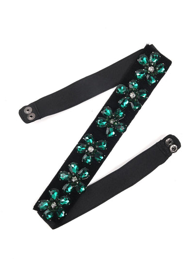 Attractive black elasticated belt with green rhine stones! - Odette