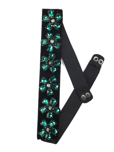 Attractive black elasticated belt with green rhine stones! - Odette