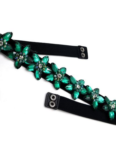 Attractive black elasticated belt with green rhine stones! - Odette
