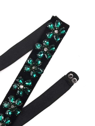 Attractive black elasticated belt with green rhine stones! - Odette