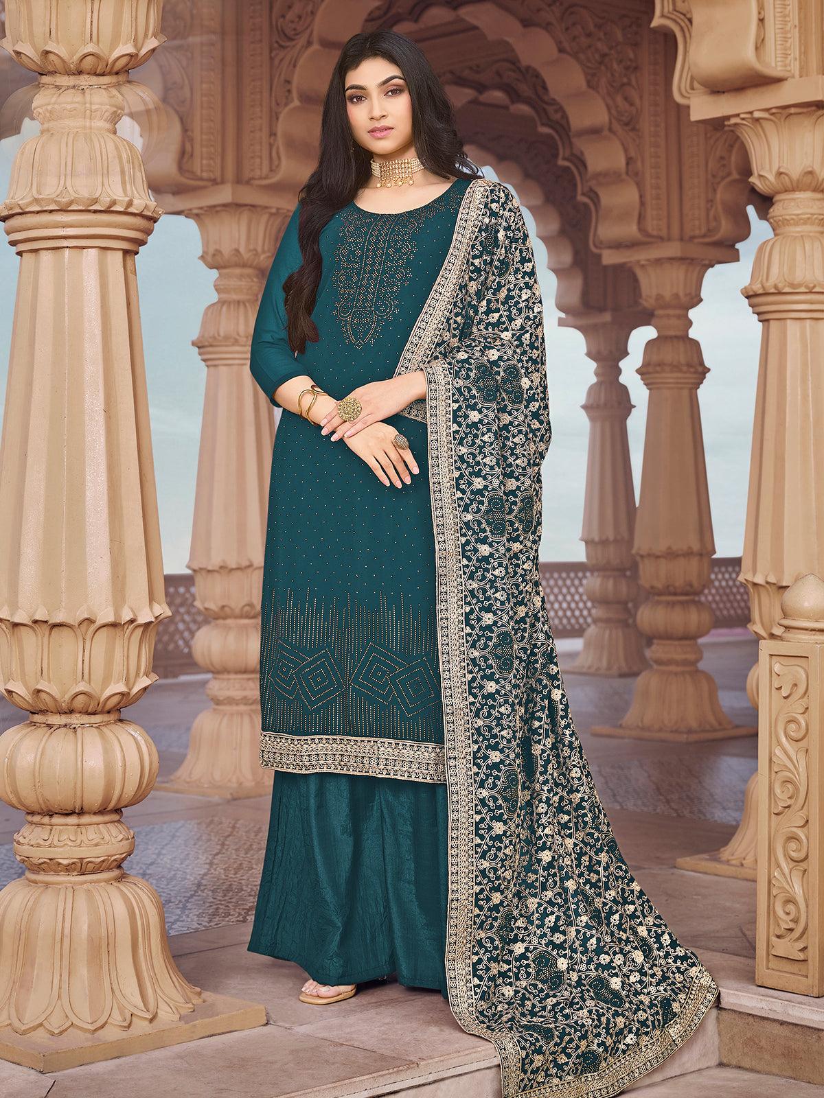 Teal Blue Colour New Designer Wedding Wear Heavy Silk Anarkali Salwar Suit  Collection 2023 D - The Ethnic World