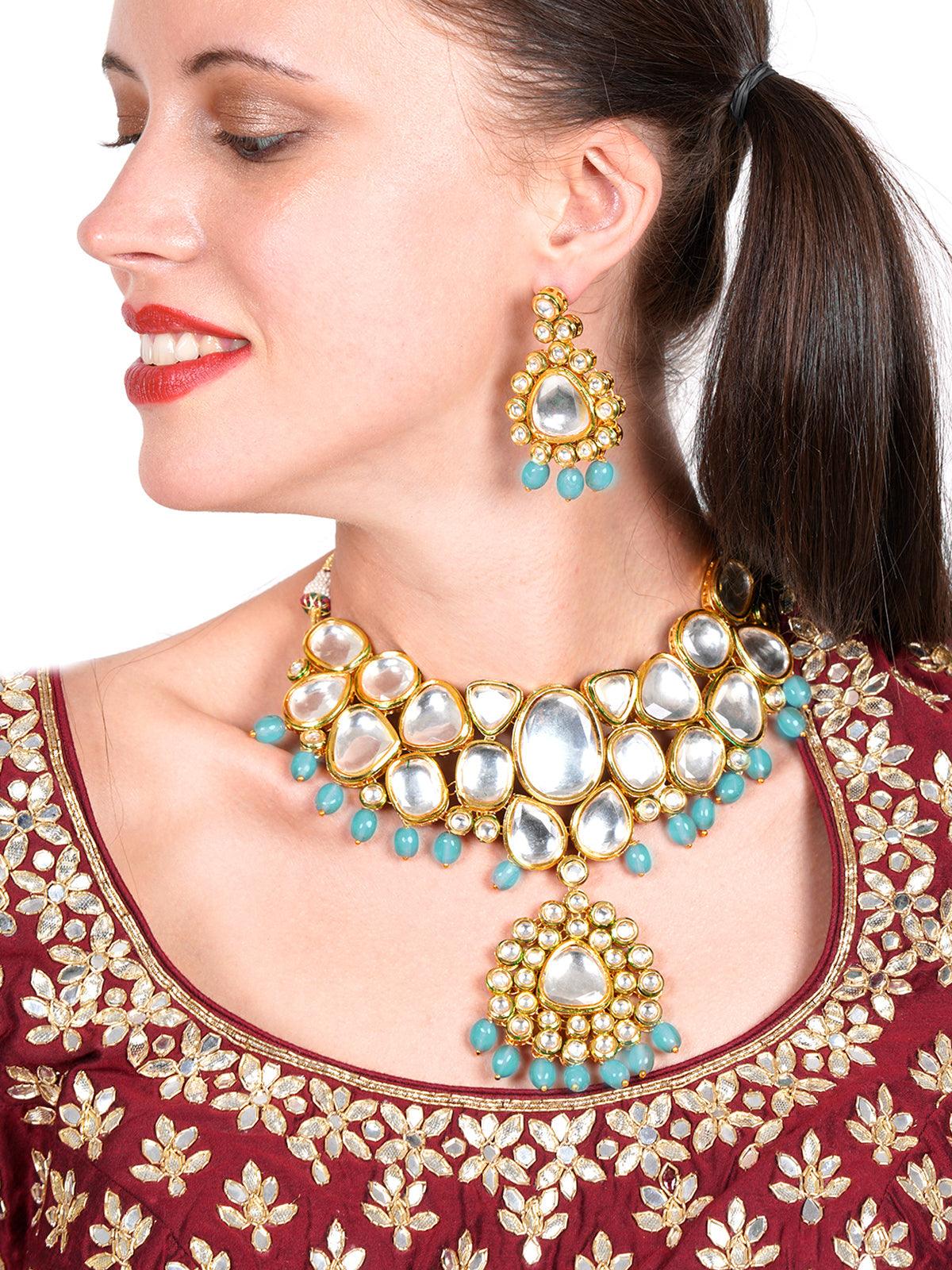 Authentic heavy semiprecious blue kundan & enameled necklace with earrings! - Odette