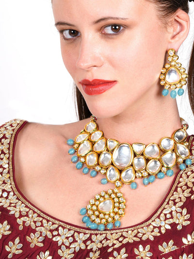 Authentic heavy semiprecious blue kundan & enameled necklace with earrings! - Odette