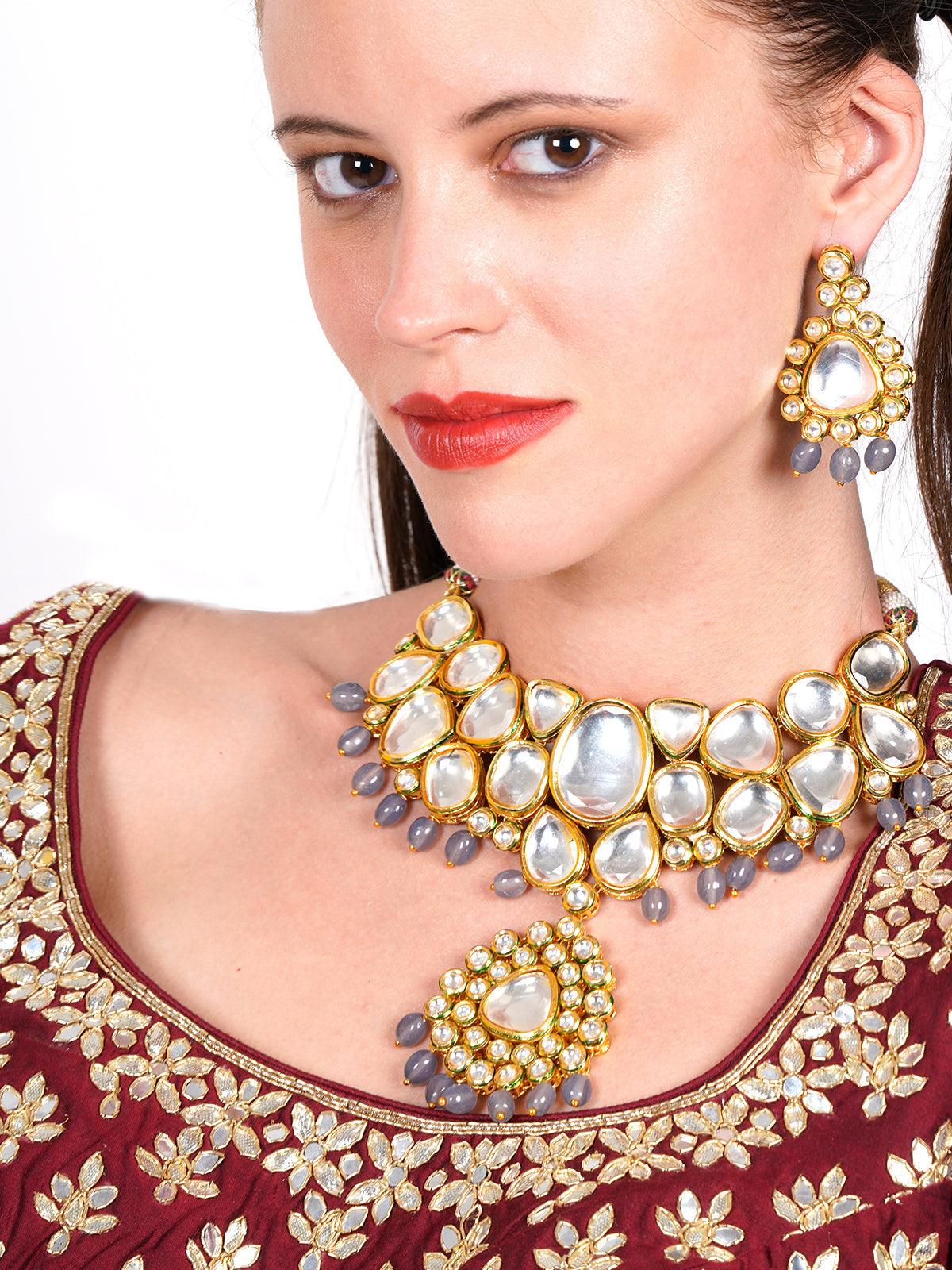 Authentic heavy semiprecious Grey kundan & enameled necklace with earrings! - Odette