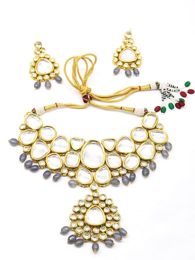 Authentic heavy semiprecious Grey kundan & enameled necklace with earrings! - Odette