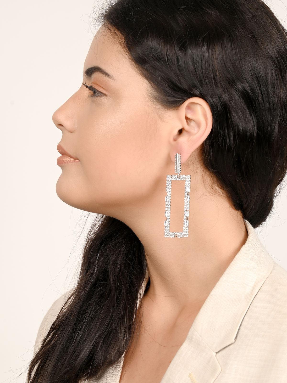 Avyayas Rectangular White Rhinestone Earrings - Odette