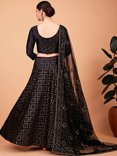 Odette Women Fashionable Black Embroidered Semi Stitched Lehenga With Unstitched Blouse