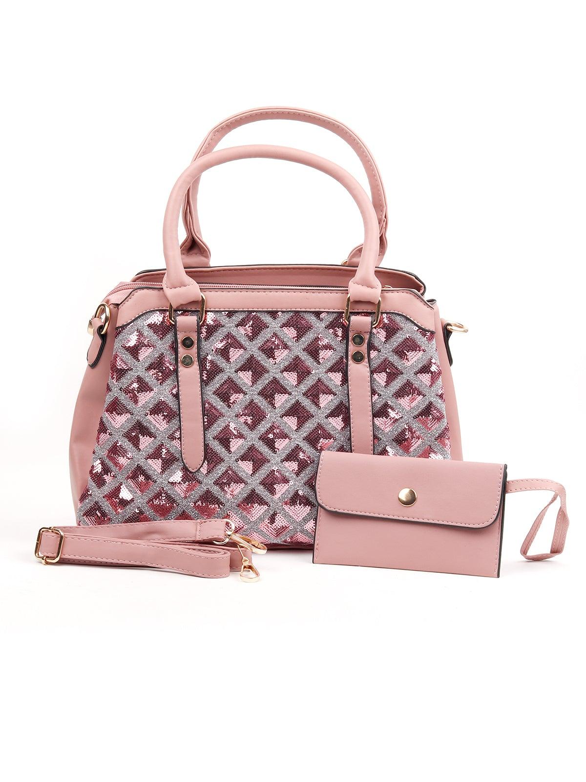 Baby Pink Coloured Sequences Handbag. - Odette
