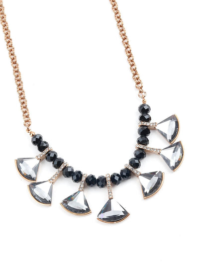 Beaded black color necklace with grey rhine stone droppings - Odette