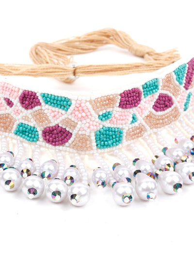 Beaded Choker Necklace With Drop-Down Pearl Design - Odette