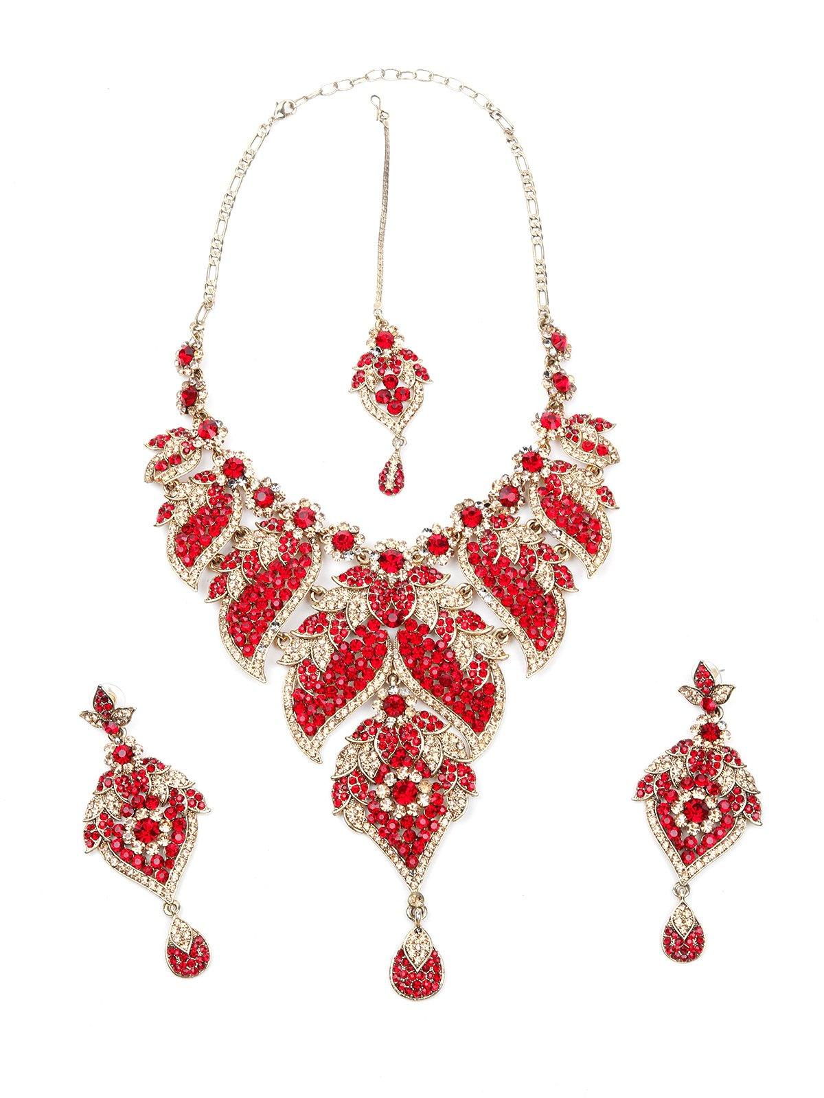 Beautiful Red And Golden Stone Necklace Set - Odette