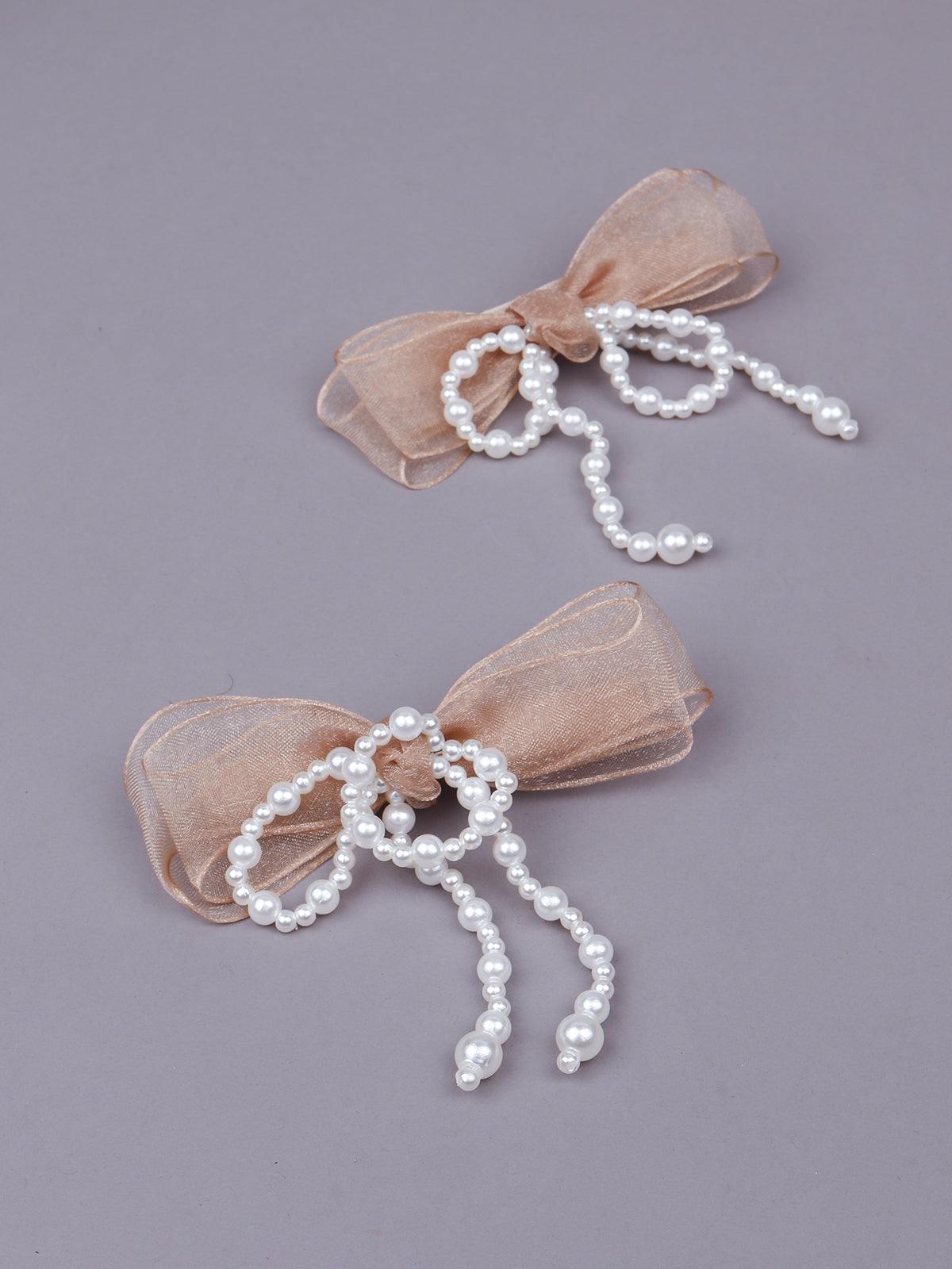 Beige bow embellished with artificial pearls hair clips - Odette