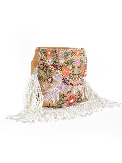 Beige Embellished Beaded-Embroidered Pearly Potli - Odette