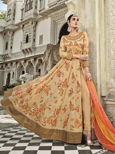 Beige Embroidered Dress Material With Dupatta - Odette