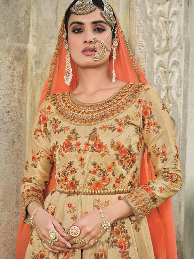 Beige Embroidered Dress Material With Dupatta - Odette