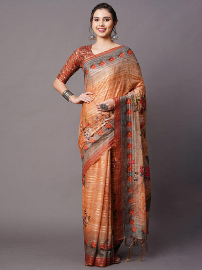 Beige Festive Linen Blend Printed Saree With Unstitched Blouse - Odette