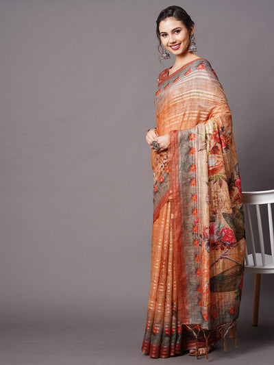 Beige Festive Linen Blend Printed Saree With Unstitched Blouse - Odette