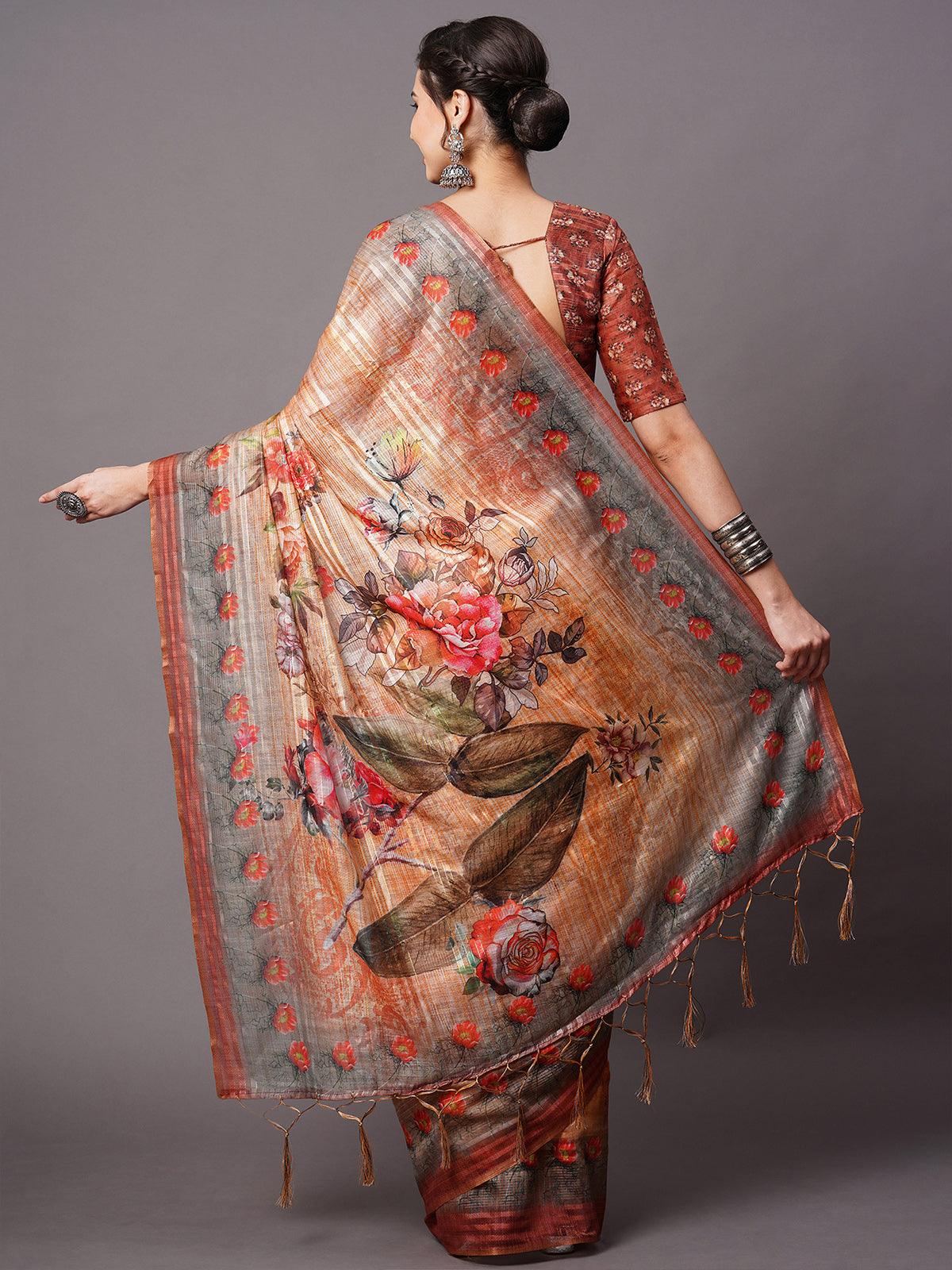 Beige Festive Linen Blend Printed Saree With Unstitched Blouse - Odette