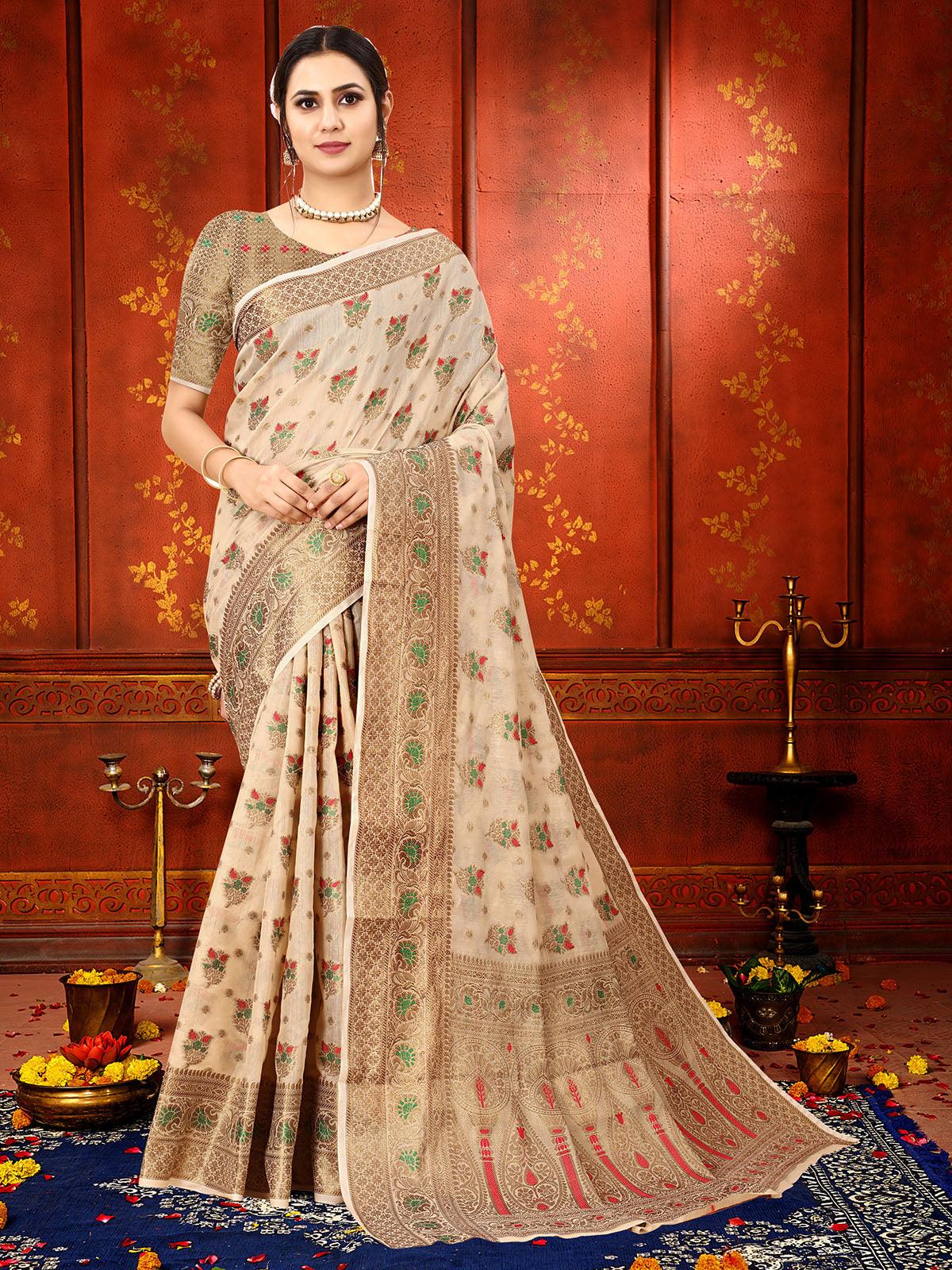 Beige Soft Cotton Silk Heavy Copper Zari Meenakari Weave  Designer Saree - Odette