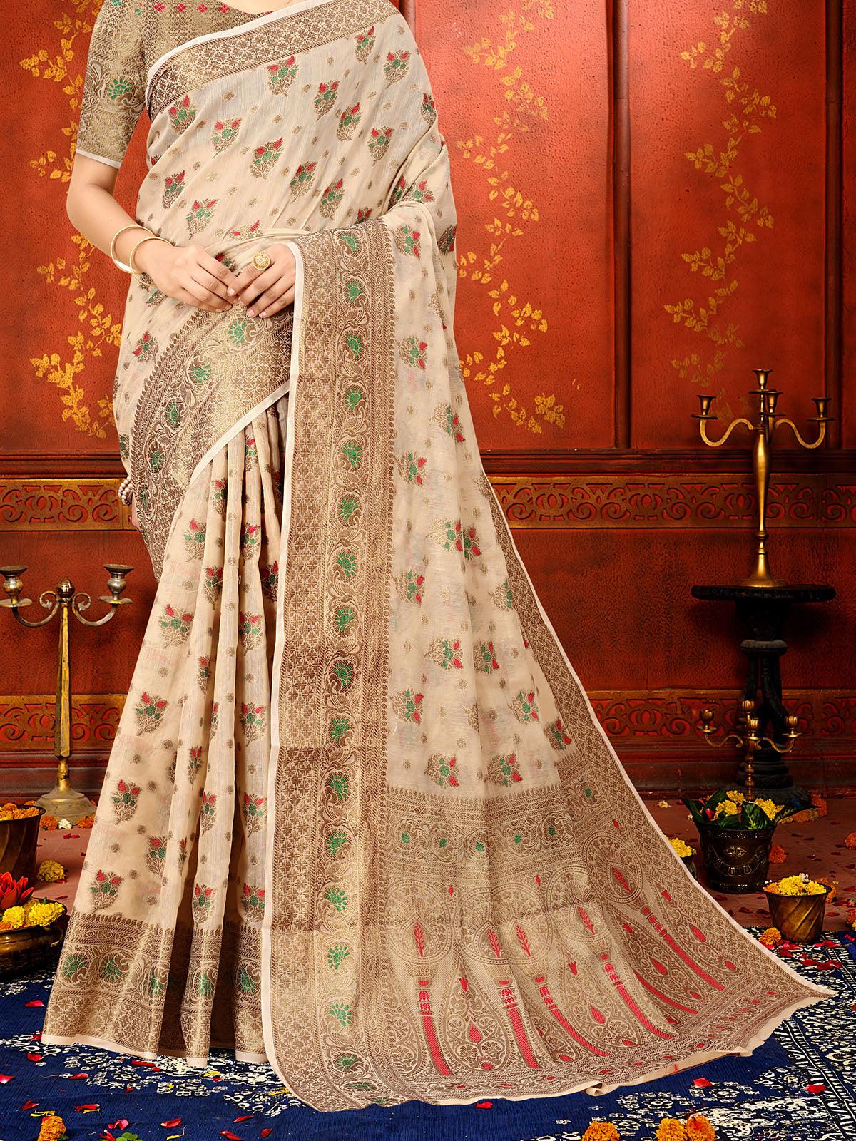 Beige Soft Cotton Silk Heavy Copper Zari Meenakari Weave  Designer Saree - Odette